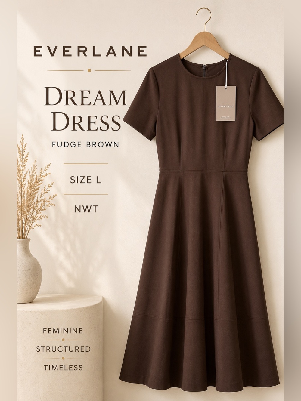 Everlane Dream Bell-Sleeve Midi Dress Fudge Brown Size L NWT